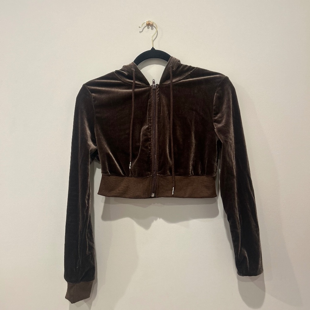 Brown Velour Cropped Hoodie - Size ( M)